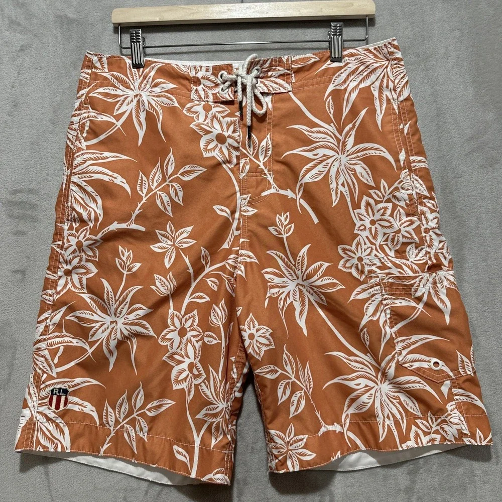 Polo‎ Ralph Lauren Board Shorts Men's M Orange White Floral Lined Lace Up Front